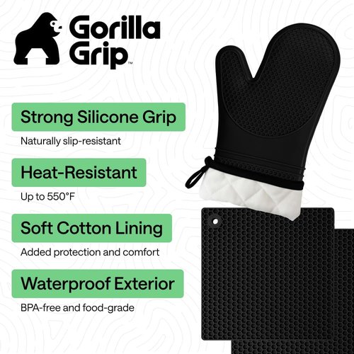 Gorilla Grip Silicone Oven Mitts Set - BPA-Free, Heat Resistant, Flexible Gripping | 4-Piece Black Set