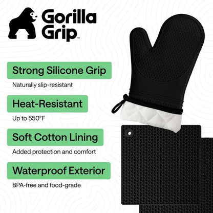 Gorilla Grip Silicone Oven Mitts Set - BPA-Free, Heat Resistant, Flexible Gripping | 4-Piece Black Set