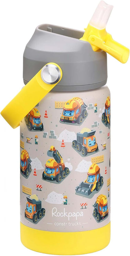 Rockpapa 14 Oz Kids Insulated Water Bottle - Stainless Steel, BPA Free, Leak-Proof | Grey Construction Trucks