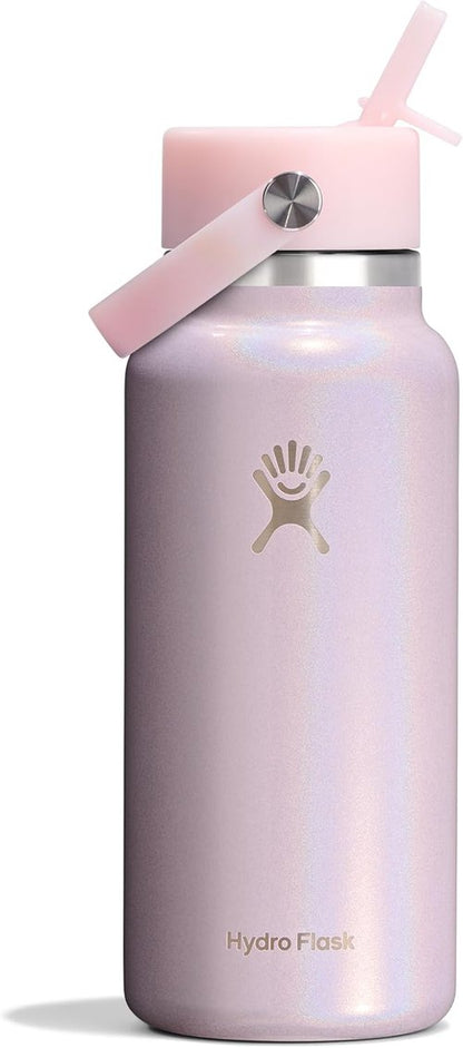 Hydro Flask Water Bottle - Insulated Stainless Steel - 32 Oz Wide Mouth with Flex Straw Lid in Glimmer Pink