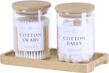 INIUNIK Qtip Holder - 2 Pack Glass Apothecary Jars with Lids for Bathroom Organization | Cotton Ball & Swab Storage