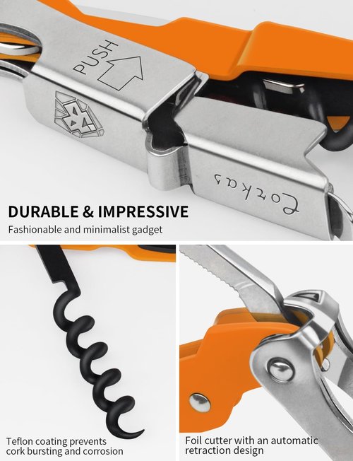 CORKAS Wine Key - Professional Handcrafted Heavy Duty Waiter Corkscrew, Compact Wine Opener with Double Hinged, Foil Cutter and Bottle Opener, Gifts for Servers, Sommelier, Bartenders - Orange