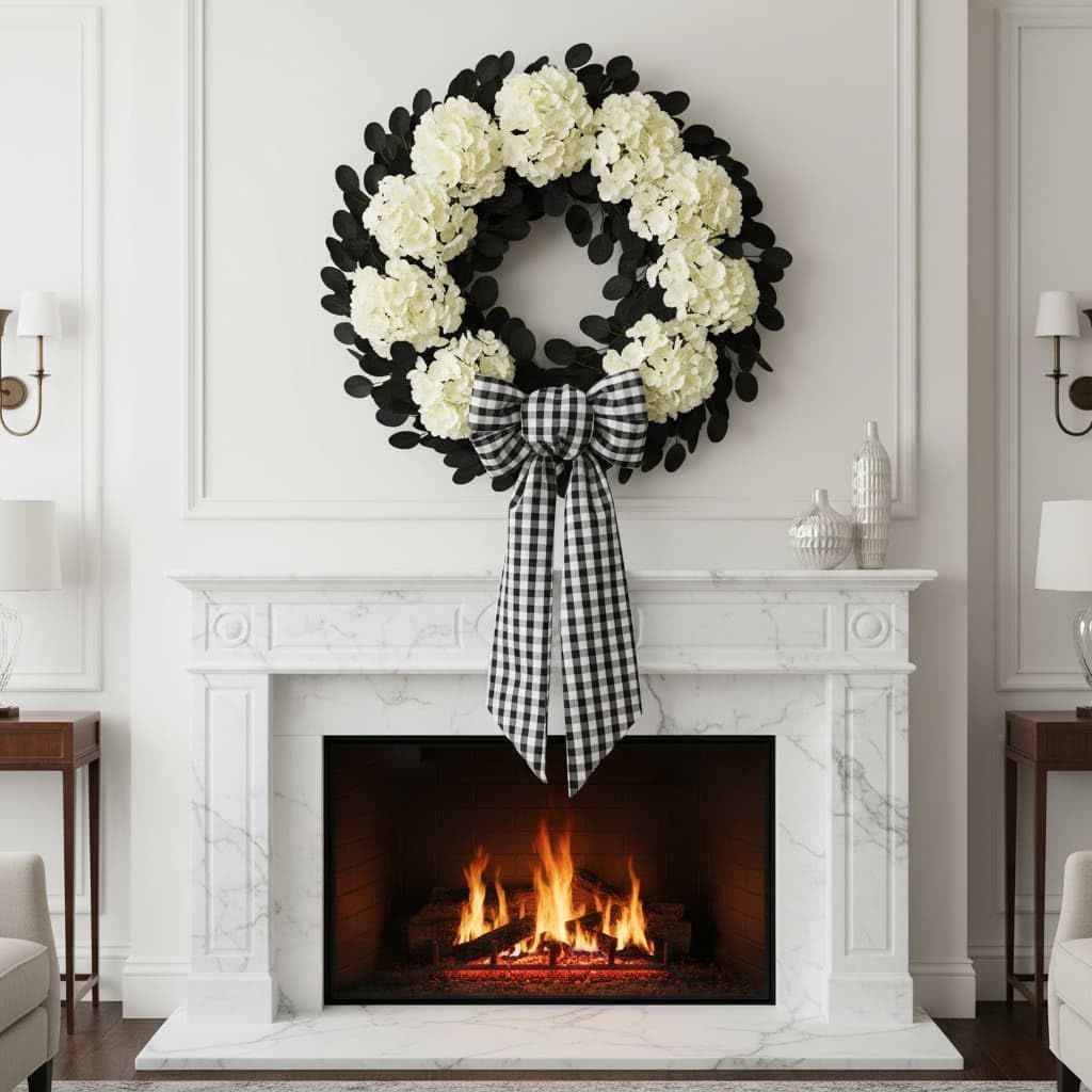 Regine Switzerland Black & White Plaid Wreath | Elegant Front Door Decoration for Holidays & Events
