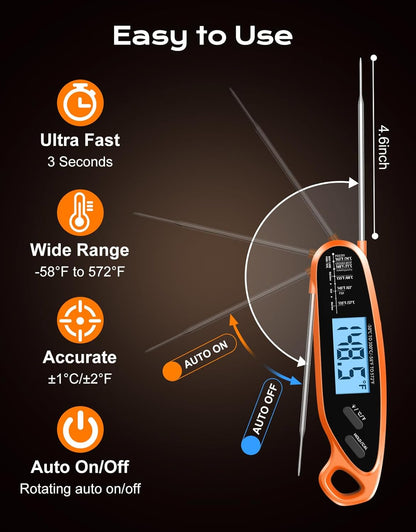 Skiennix Digital Meat Thermometer - Dual Probe Instant Read with Large Backlit Display | Perfect for BBQ, Grill, Oven, and Candy Cooking