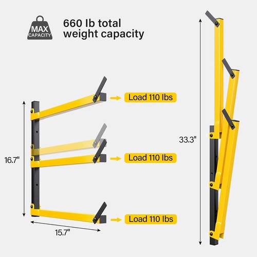 GREENER Lumber Storage Rack - Heavy-Duty Wall-Mounted Wood Organizer | 3-Level Design, Yellow, 4 Pairs