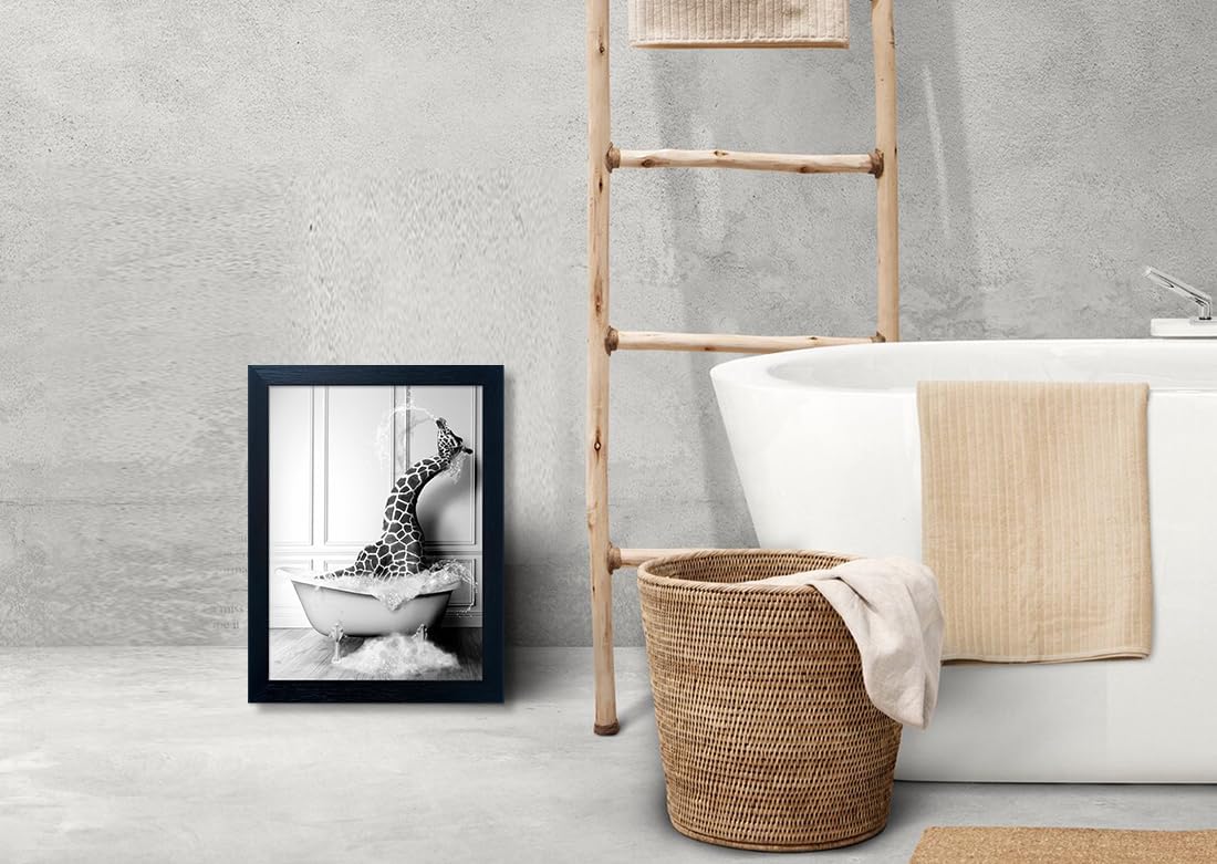 Skiennix Framed Animal Wall Art - Funny Giraffe in Bathtub Canvas Print | Black and White Farmhouse Decor for Kids' Bathroom