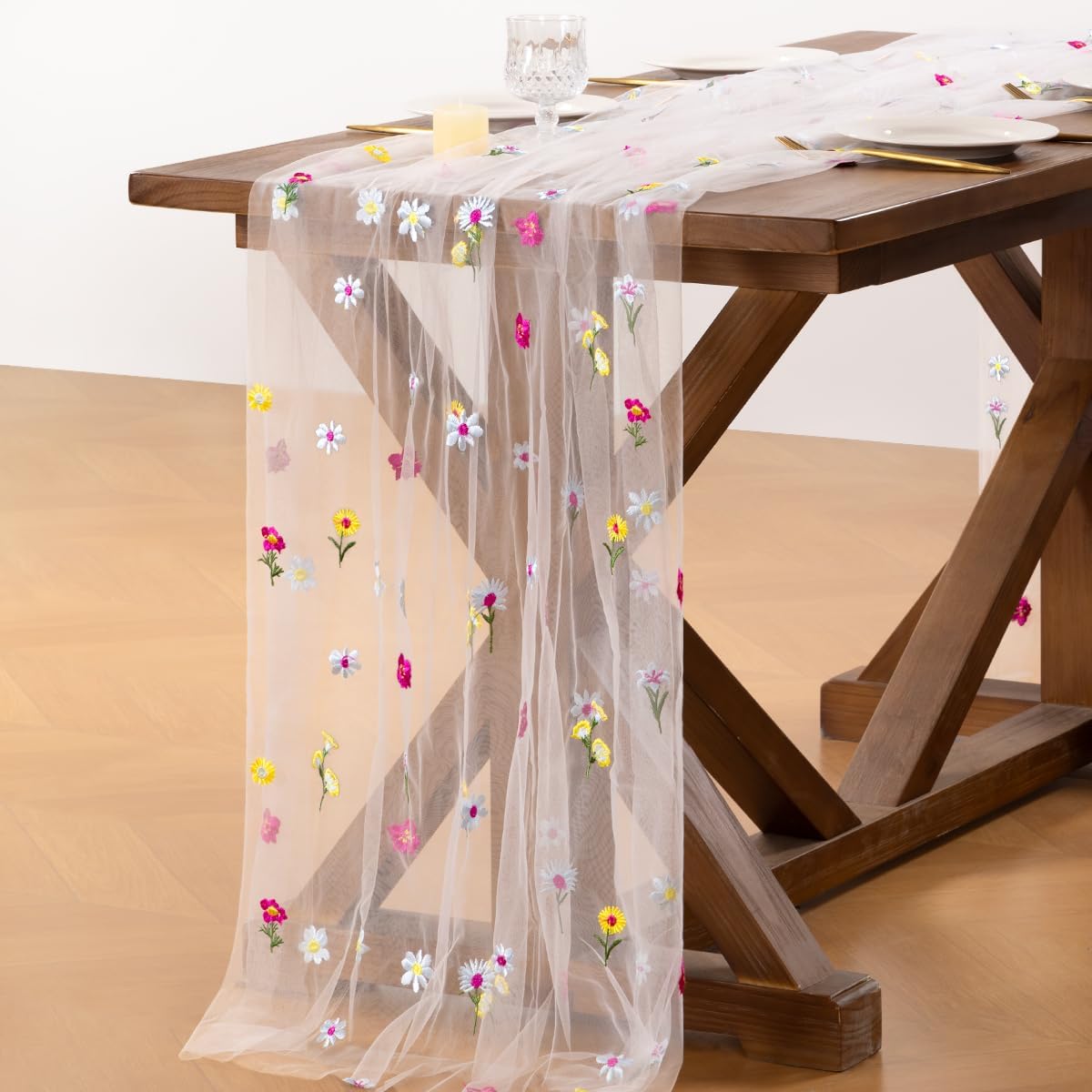 Socomi Floral Table Runner - Summer Wildflower Embroidery | Sheer Tulle for Weddings & Parties