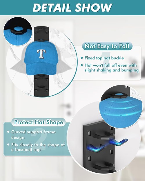 Hat Organizer by [Brand Name] - Strong Adhesive Wall Rack for 18 Baseball Caps | Multi-Layer Hat Hooks - Black