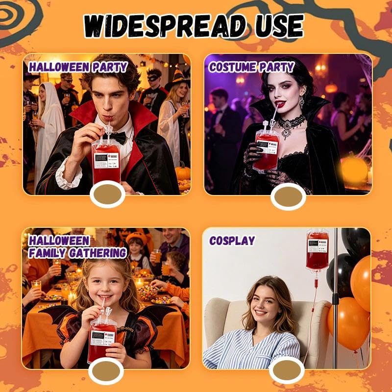 Halloween Blood Bags for Drinks 4 Pack with Syringe & Clips Set