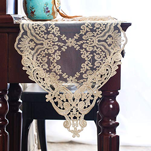 ARTABLE Light Gold Lace Table Runner Macrame Embroidered 12x96 Inch - Art Deco Style