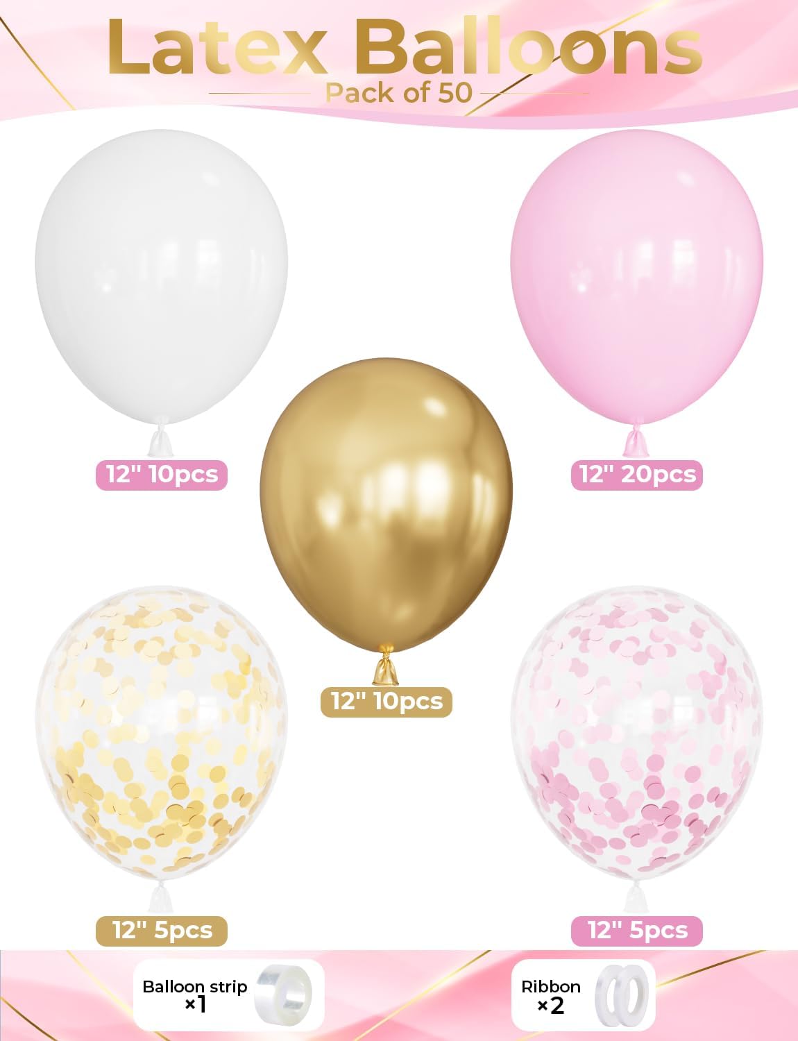 Skiennix Pink and Gold Balloon Set - 12-Inch Light Pink & White Latex Balloons with Shiny Metallic Gold Glitter for Baby Shower & Birthday Party Decorations
