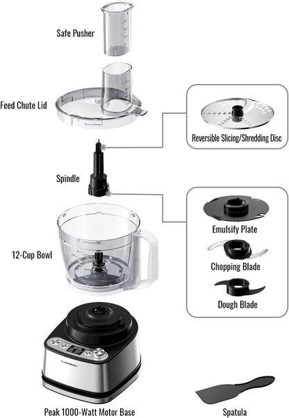 Skiennix Food Processor - 1000W Power, 12-Cup Capacity, 4 Programs for Slicing, Dicing & Pureeing