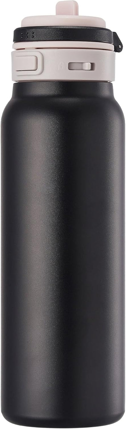 Skiennix 24 oz Insulated Water Bottle - 2-in-1 Stainless Steel with Straw & Spout | Leak Proof, Double Wall Design (Black)