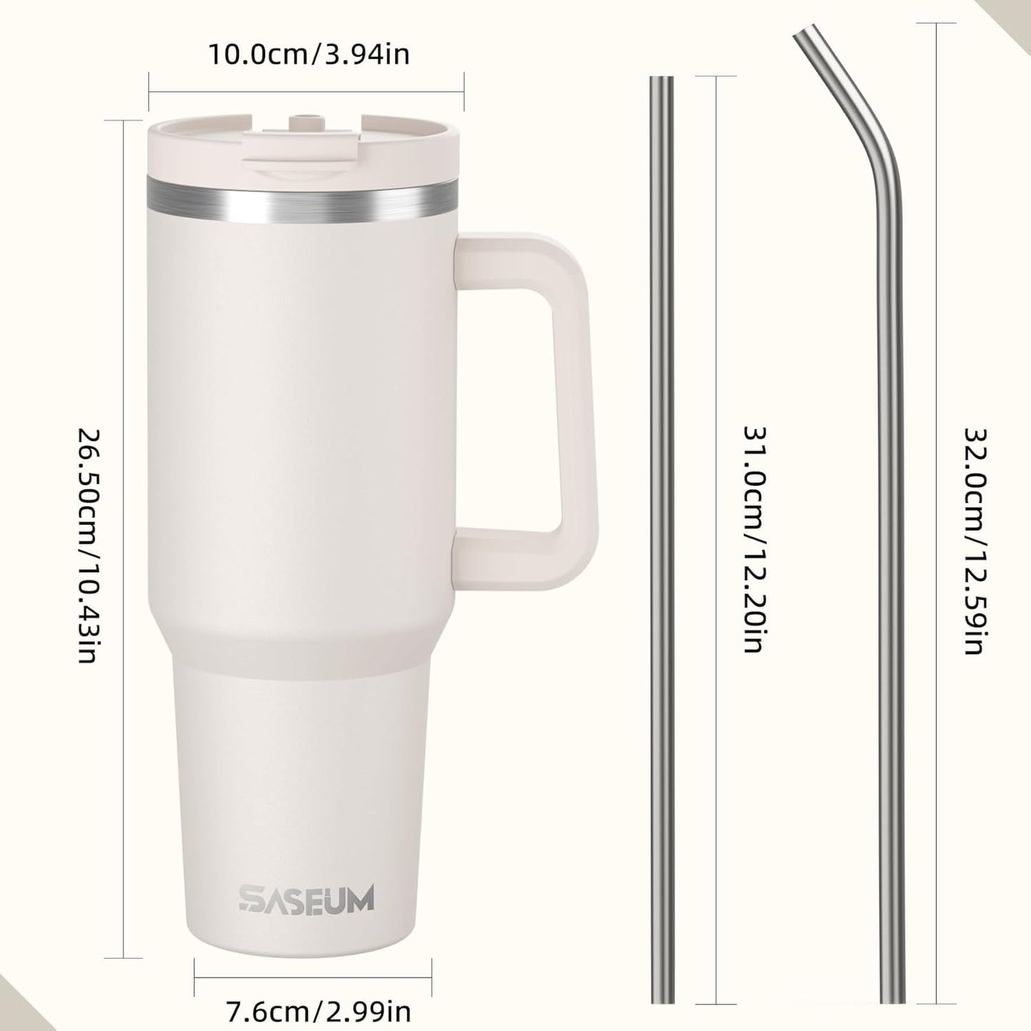 SASEUM 40 Oz Stainless Steel Tumbler - Insulated Water Bottle with Handle & Lid | BPA-Free, White