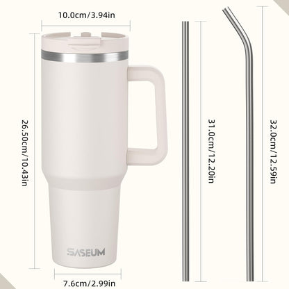 SASEUM 40 Oz Stainless Steel Tumbler - Insulated Water Bottle with Handle & Lid | BPA-Free, White