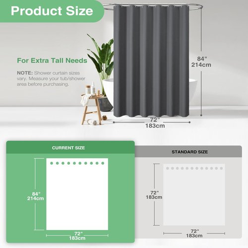 Dynamene Extra Long Shower Curtain - 84 Inch Long Charcoal Grey Waffle Weave Heavy Duty Fabric Bathroom Shower Curtain, Neutral Weighted Hotel Thick Bath Curtain Set with 12 Plastic Hooks,72x84