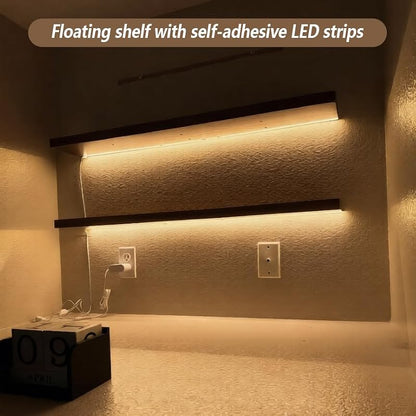 Walnut 60 Inch LED Floating Wall Shelves Set of 2 - Rustic Wooden Shelves for Living Room Bedroom Kitchen Gaming Room
