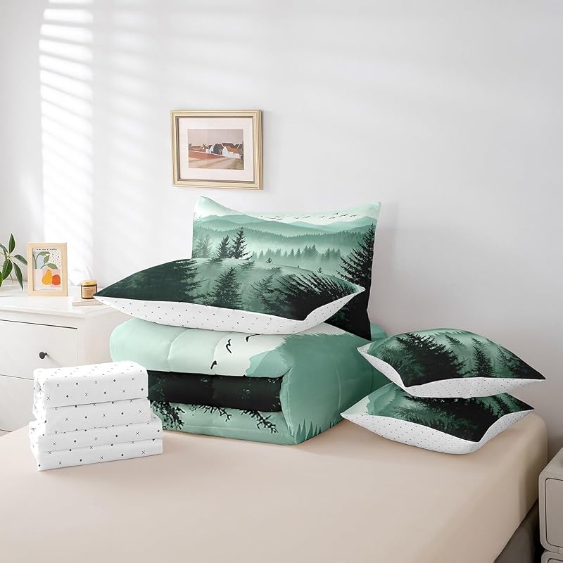 Olive Green 7-Piece Full Comforter Set with Sheets - Mountain Pattern (Variation: Dark Green+Full)