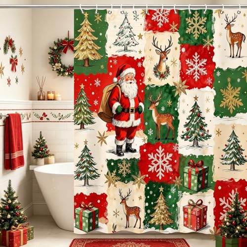 Christmas Shower Curtain with Santa Reindeer Snowflakes Holiday Trees Waterproof Fabric Red & Green 72x72 Inch Set