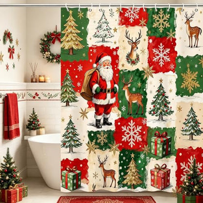 Christmas Shower Curtain with Santa Reindeer Snowflakes Holiday Trees Waterproof Fabric Red & Green 72x72 Inch Set