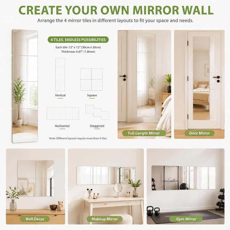Shatterproof Acrylic Mirror Tiles, 12x12 inch, 4 Pack for Kids Rooms