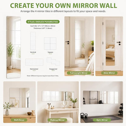 Shatterproof Acrylic Mirror Tiles, 12x12 inch, 4 Pack for Kids Rooms