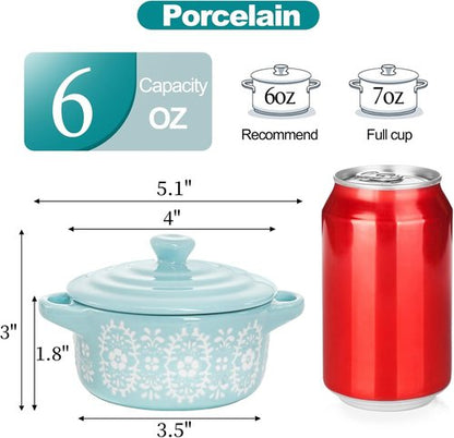 Goaste 4 Pack Porcelain Ramekins - 7 OZ Mini Casserole Dishes with Lids & Handles | Round Ceramic Cocotte Bowls for Soufflé, Crème Brûlée, Lava Cake & Soup (4 Colors)