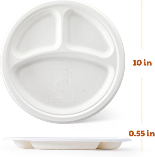 Compostable 3-Compartment Paper Plates - Heavy Duty Biodegradable Lunch Trays | 10 Inch, 125 Count, White