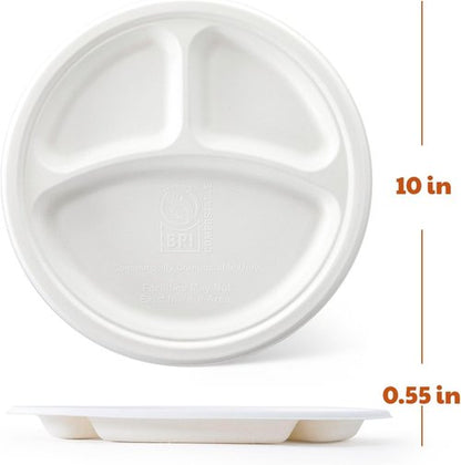 Compostable 3-Compartment Paper Plates - Heavy Duty Biodegradable Lunch Trays | 10 Inch, 125 Count, White