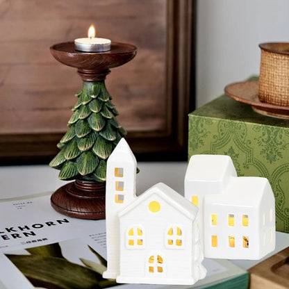 Regine Switzerland Christmas Village Houses - White Ceramic Set with Illumination & Remote Control | Rustic Holiday Decor for Tabletop Display
