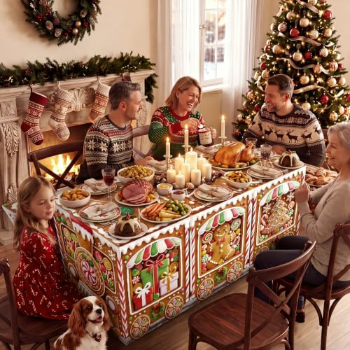 Christmas Gingerbread Train Tablecloth Set - 6 ft Holiday Party Decor Variation of 2 / Train