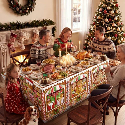 Christmas Gingerbread Train Tablecloth Set - 6 ft Holiday Party Decor Variation of 2 / Train