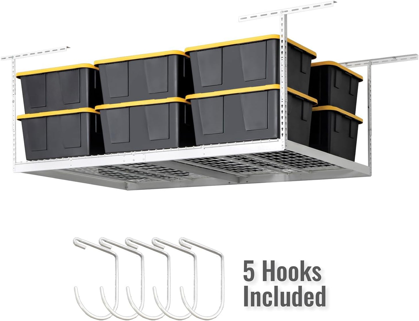 SafeRacks Overhead Storage Rack - Adjustable 4 ft x 8 ft | 24 in - 45 in Height, White with 5-Piece Hook Set