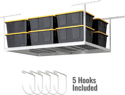 SafeRacks Overhead Storage Rack - Adjustable 4 ft x 8 ft | 24 in - 45 in Height, White with 5-Piece Hook Set
