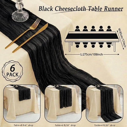 6 Pack Black Cheesecloth Table Runner 17x108 - Semi Sheer Boho Gauze for Wedding, Party & Baby Shower (Variation: Black)