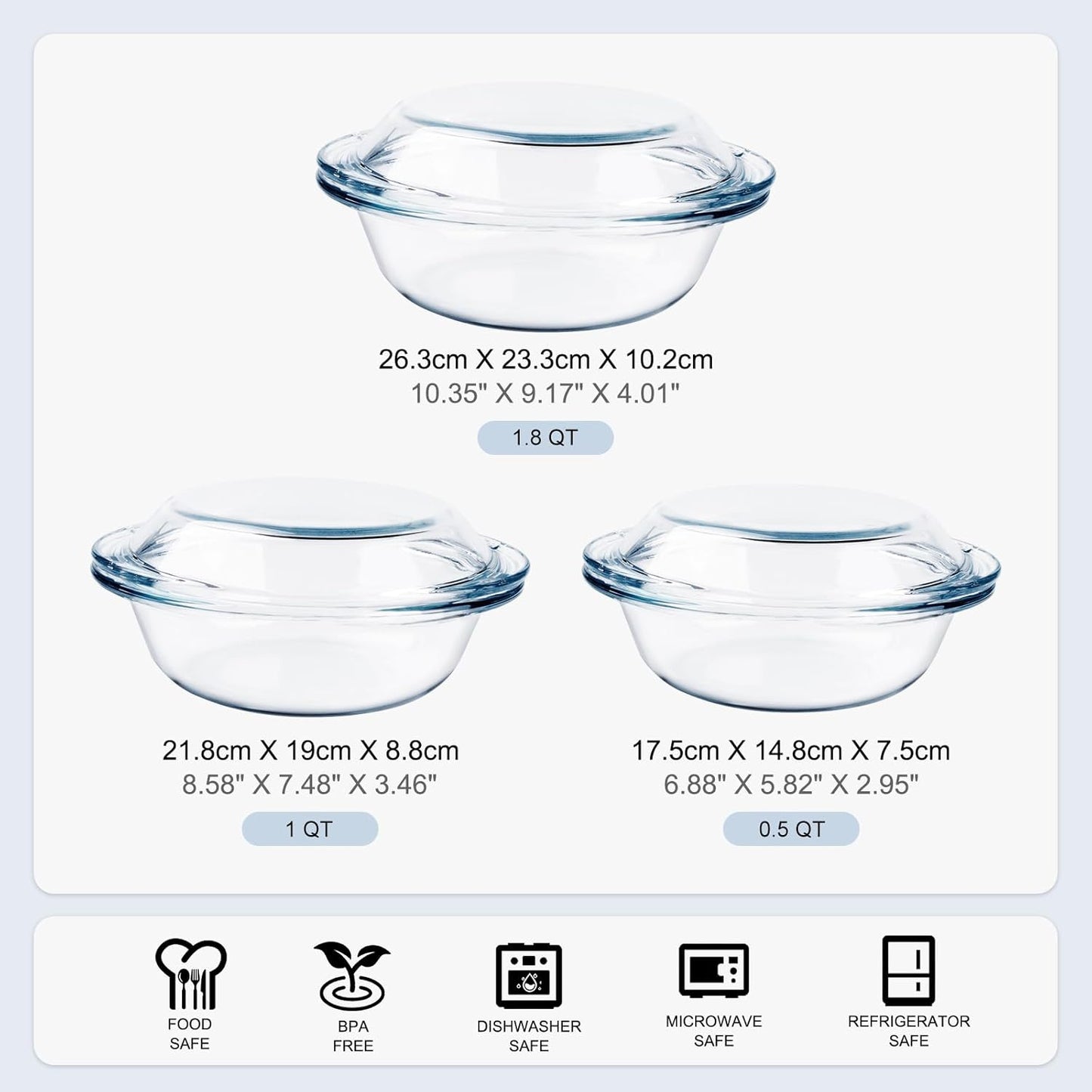 Regine Switzerland Round Glass Casserole Dishes Set - Nesting Baking Dish with Lids | Oven, Freezer & Dishwasher Safe - 0.5QT, 1QT, 1.8QT