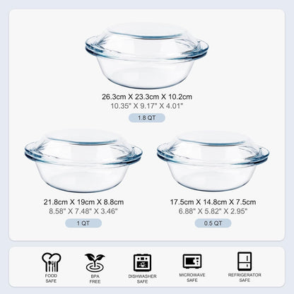 Regine Switzerland Round Glass Casserole Dishes Set - Nesting Baking Dish with Lids | Oven, Freezer & Dishwasher Safe - 0.5QT, 1QT, 1.8QT
