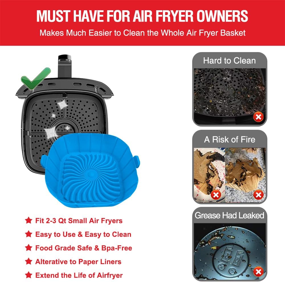 Skiennix Air Fryer Silicone Liners - Non-Stick Reusable Pot Basket for 2 to 3 QT | 2 Pack Square Inserts