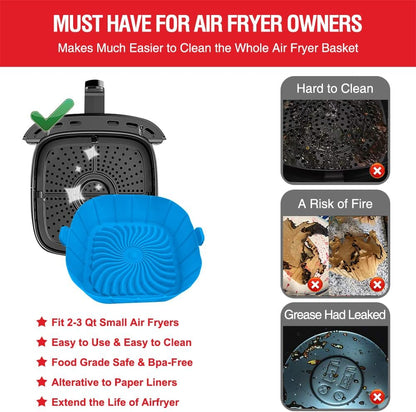 Skiennix Air Fryer Silicone Liners - Non-Stick Reusable Pot Basket for 2 to 3 QT | 2 Pack Square Inserts