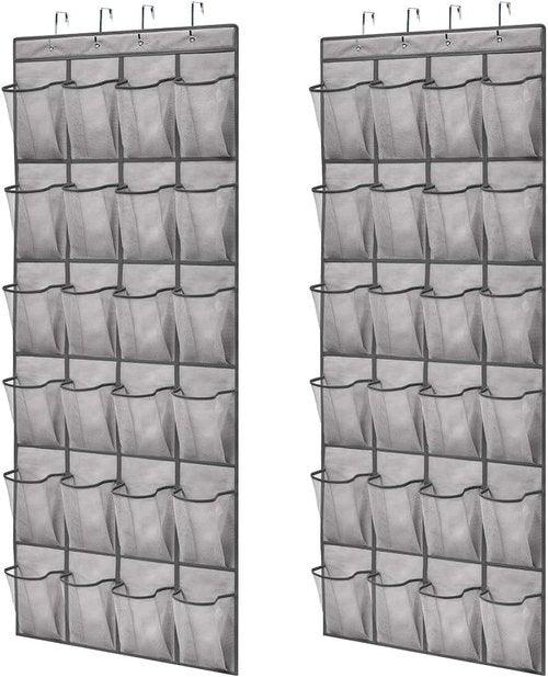 GORILLA GRIP Over The Door Shoe Organizer - 2 Pack With 24 Breathable Mesh Pockets | Space-Saving Grey Storage Solution