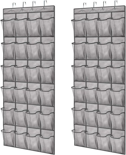 GORILLA GRIP Over The Door Shoe Organizer - 2 Pack With 24 Breathable Mesh Pockets | Space-Saving Grey Storage Solution
