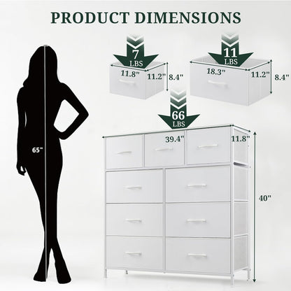 Regine Switzerland 9-Drawer Dresser - Anti-Tip Storage Organizer with Wooden Top & Metal Frame | White