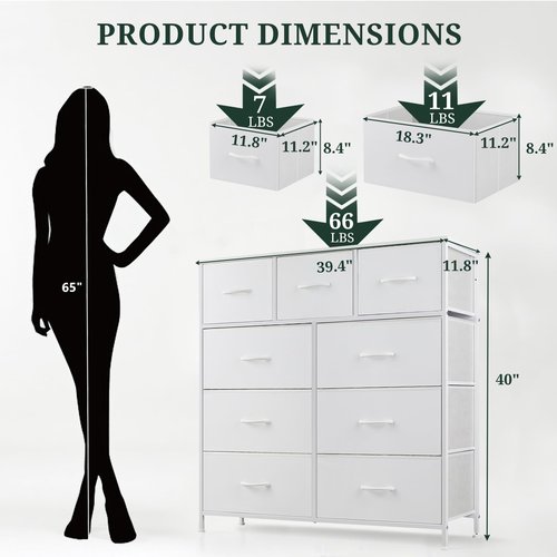 9-Drawer Dresser for Bedroom, Anti-Tip Tall Storage Organizer Chest of Drawers with Wooden Top and Metal Frame Fabric Bins for Closet, Living Room, Hallway, Entryway, White