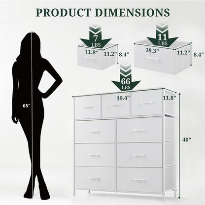 9-Drawer Dresser for Bedroom, Anti-Tip Tall Storage Organizer Chest of Drawers with Wooden Top and Metal Frame Fabric Bins for Closet, Living Room, Hallway, Entryway, White