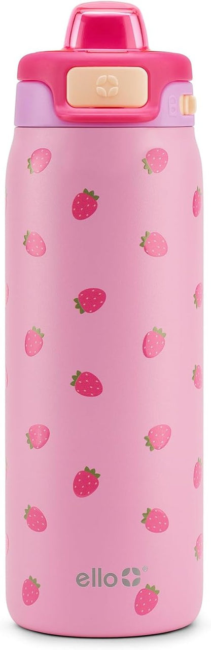 Ello Pop & Fill 18oz Stainless Steel Kids Water Bottle - Quick Fill Lid, Vacuum Insulated, BPA Free, Leak Proof, Dishwasher Safe | Perfect Gift for Kids & Teens, Strawberries
