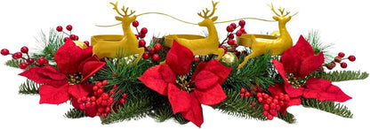 Skiennix Christmas Poinsettia Candle Holder - Elegant Table Centerpiece with Metal Deer & Red Berries