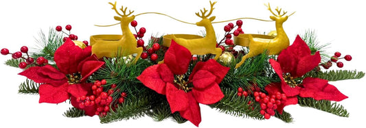 Skiennix Christmas Poinsettia Candle Holder - Elegant Table Centerpiece with Metal Deer & Red Berries