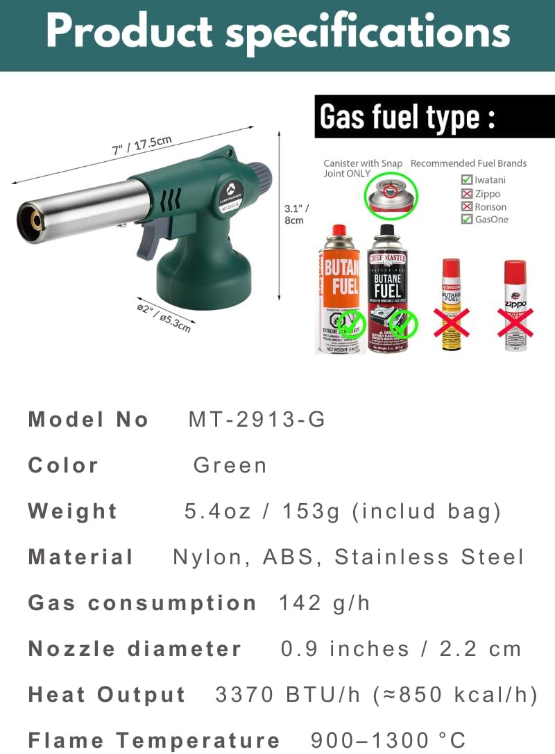 CAMPINGMOON Butane Torch - High Power Cooking Blow Torch Head | Green MT-2913-G