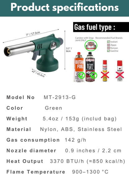 CAMPINGMOON Butane Torch - High Power Cooking Blow Torch Head | Green MT-2913-G