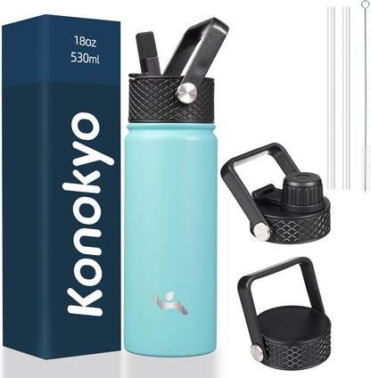 Skiennix Insulated Water Bottle - 18oz Stainless Steel Flask with Straw & 3 Lids | Turquoise